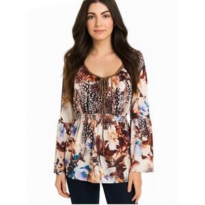BOSTON PROPER Women's Boho Blouse Medium Polyester Spandex Abstract Floral